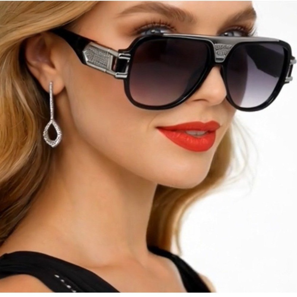 Womens Oversized  Sunglasses Black‎ Silver Flat Top Gradient Lens UV400 LENTES
